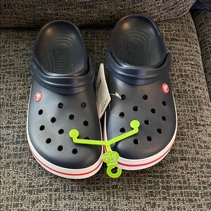 CROCS Navy Clogs with Red and White Trim